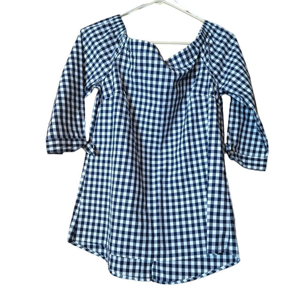 Cupio Off Shoulder Blue Gingham Plaid 3/4 Sleeve Blouse Size Small Preppy NEW